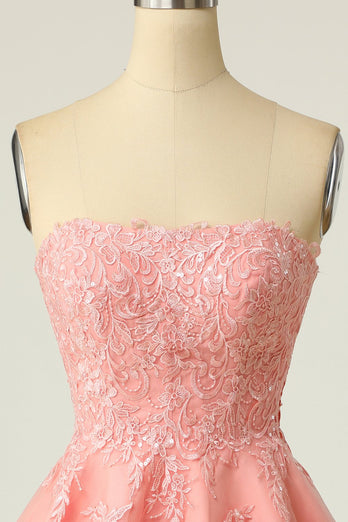 Blush Strapless Short Formal Dress with Appliques