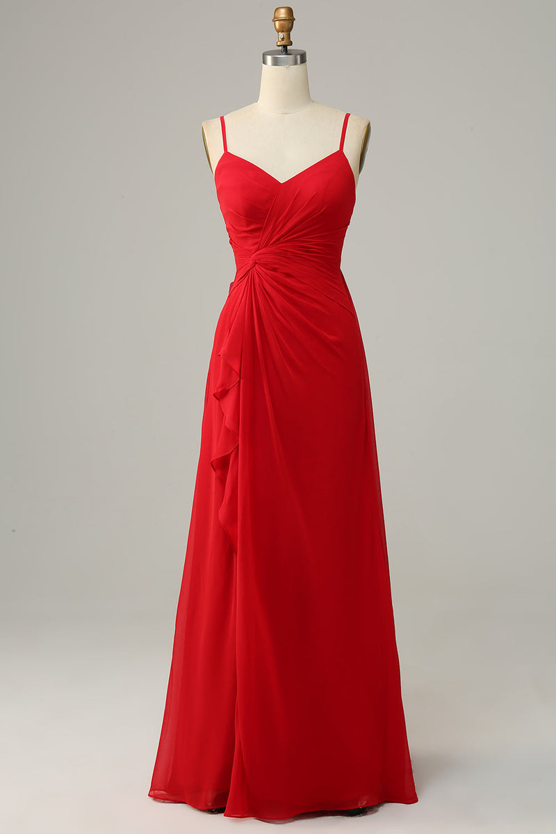 Load image into Gallery viewer, Red Spaghetti Straps A Line Bridesmaid Dress