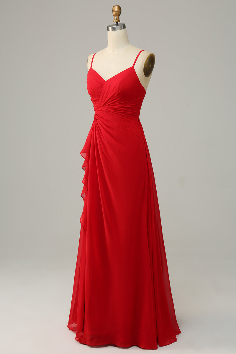 Load image into Gallery viewer, Red Spaghetti Straps A Line Bridesmaid Dress