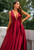 Load image into Gallery viewer, Deep V-Neck Burgundy Satin Long Formal Dress