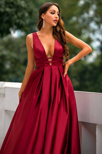 Deep V-Neck Burgundy Satin Long Formal Dress