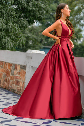 Deep V-Neck Burgundy Satin Long Formal Dress