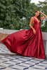 Load image into Gallery viewer, Deep V-Neck Burgundy Satin Long Formal Dress