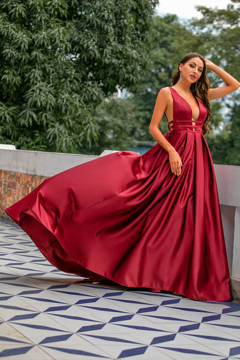 Load image into Gallery viewer, Deep V-Neck Burgundy Satin Long Formal Dress