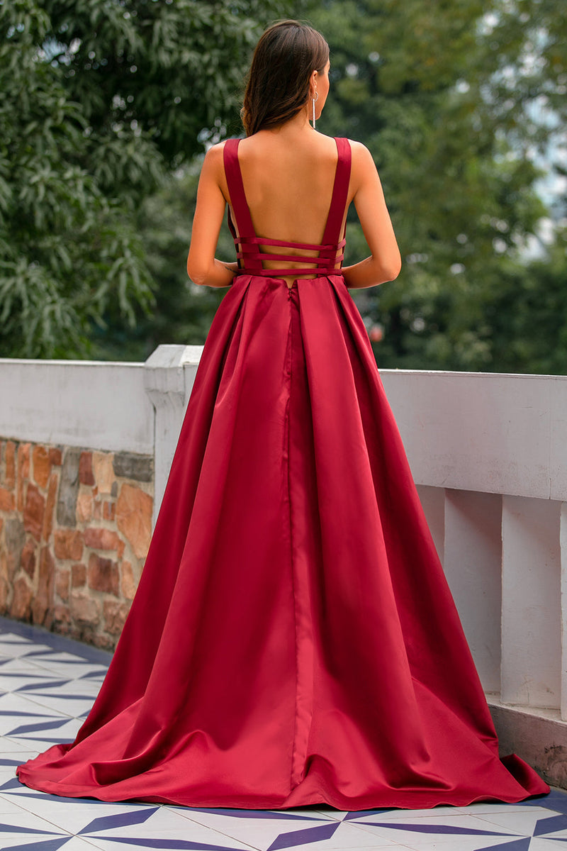 Load image into Gallery viewer, Deep V-Neck Burgundy Satin Long Formal Dress