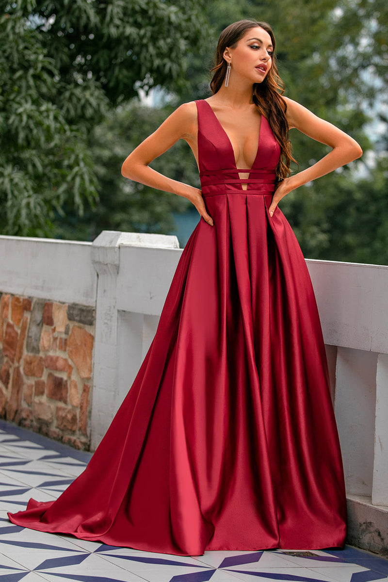 Load image into Gallery viewer, Deep V-Neck Burgundy Satin Long Formal Dress