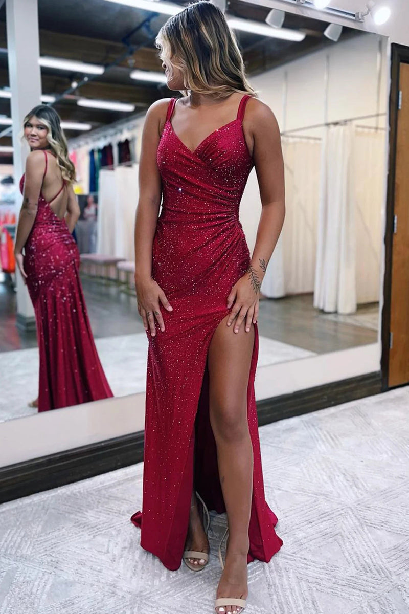 Load image into Gallery viewer, Sparkly Dark Red One Shoulder Sheath Long Formal Dress with Slit