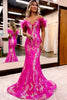 Load image into Gallery viewer, Sparkly Orange Sequins Off the Shoulder Mermaid Long Formal Dress with Feathers