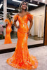 Load image into Gallery viewer, Sparkly Orange Sequins Off the Shoulder Mermaid Long Formal Dress with Feathers