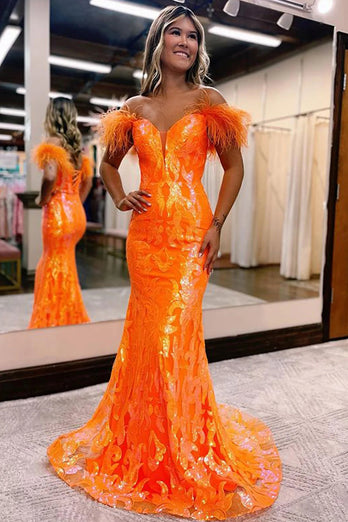 Sparkly Orange Sequins Off the Shoulder Mermaid Long Formal Dress with Feathers