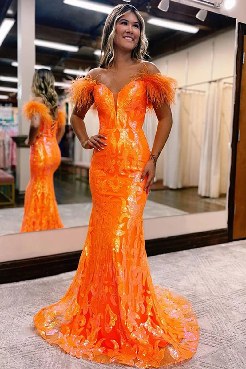 Load image into Gallery viewer, Sparkly Orange Sequins Off the Shoulder Mermaid Long Formal Dress with Feathers