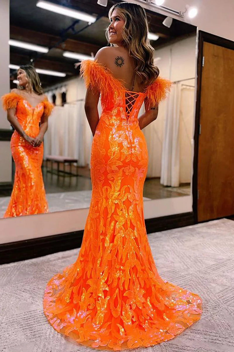 Load image into Gallery viewer, Sparkly Orange Sequins Off the Shoulder Mermaid Long Formal Dress with Feathers