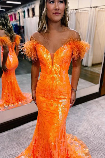 Sparkly Orange Sequins Off the Shoulder Mermaid Long Formal Dress with Feathers