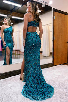 Sparkly Peacock Blue Sequins Mermaid One Shoulder Long Formal Dress with Slit