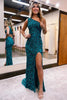 Load image into Gallery viewer, Sparkly Peacock Blue Sequins Mermaid One Shoulder Long Formal Dress with Slit