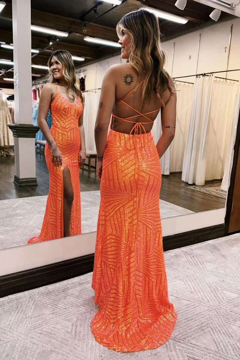 Load image into Gallery viewer, Sparkly Orange Open Back Sequins Long Formal Dress with Slit