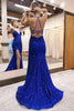 Load image into Gallery viewer, Sparkly Royal Blue Lace-Up Back Sequins Mermaid Long Formal Dress with Slit