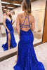 Load image into Gallery viewer, Sparkly Royal Blue Lace-Up Back Sequins Mermaid Long Formal Dress with Slit