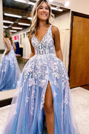 Glitter Blue Lace A-Line Long Formal Dress with Flowers and Pockets