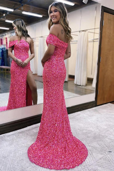 Sparkly Hot Pink One Shoulder Sequins Long Formal Dress