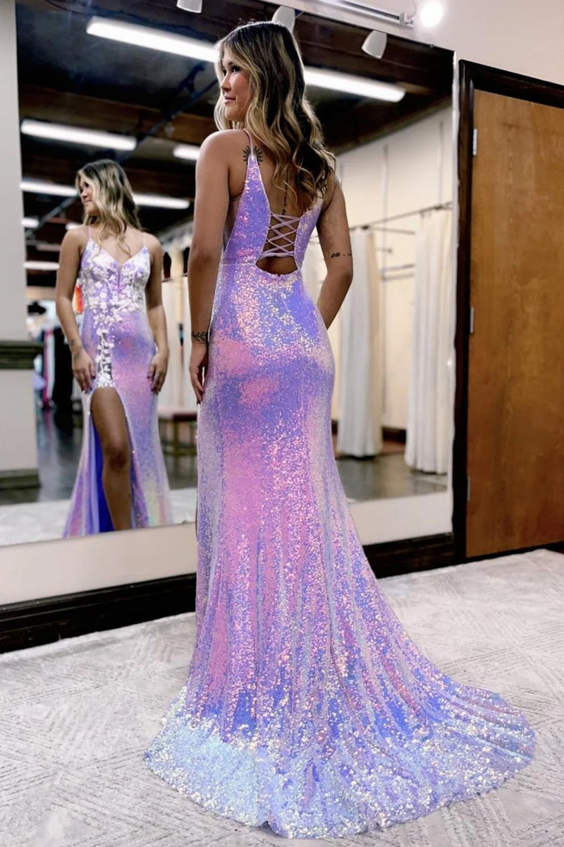 Load image into Gallery viewer, Sparkly Purple Lace-Up Back Mermaid Sequins Long Formal Dress with Slit