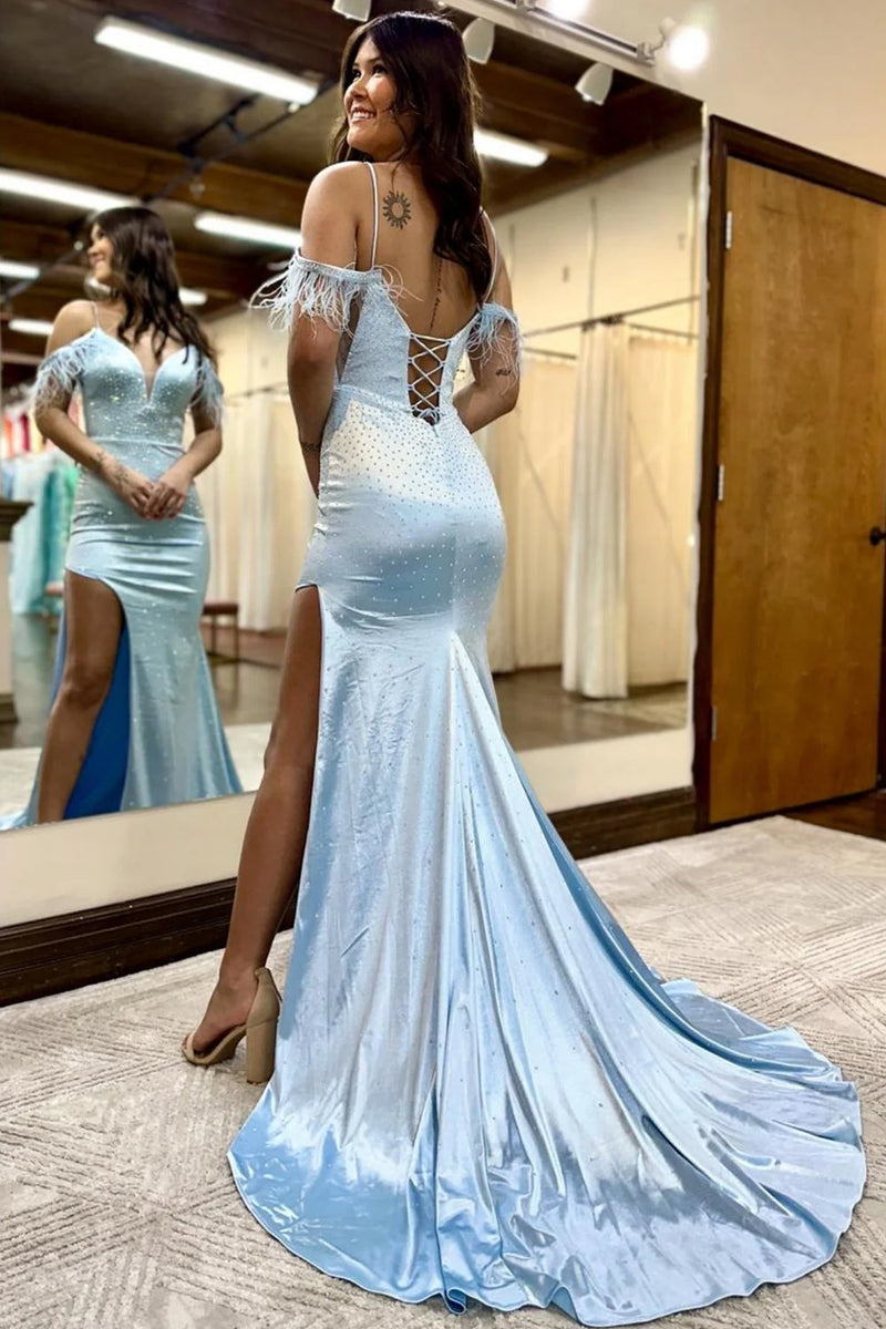 Load image into Gallery viewer, Sparkly Light Blue Sequins Mermaid Long Formal Dress with Feathers