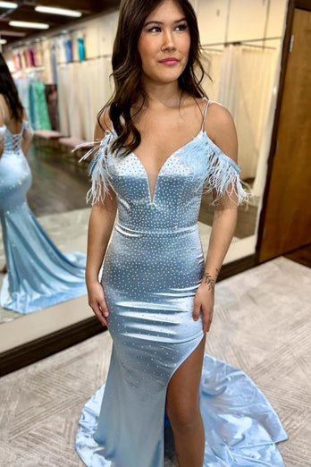 Sparkly Light Blue Sequins Mermaid Long Formal Dress with Feathers