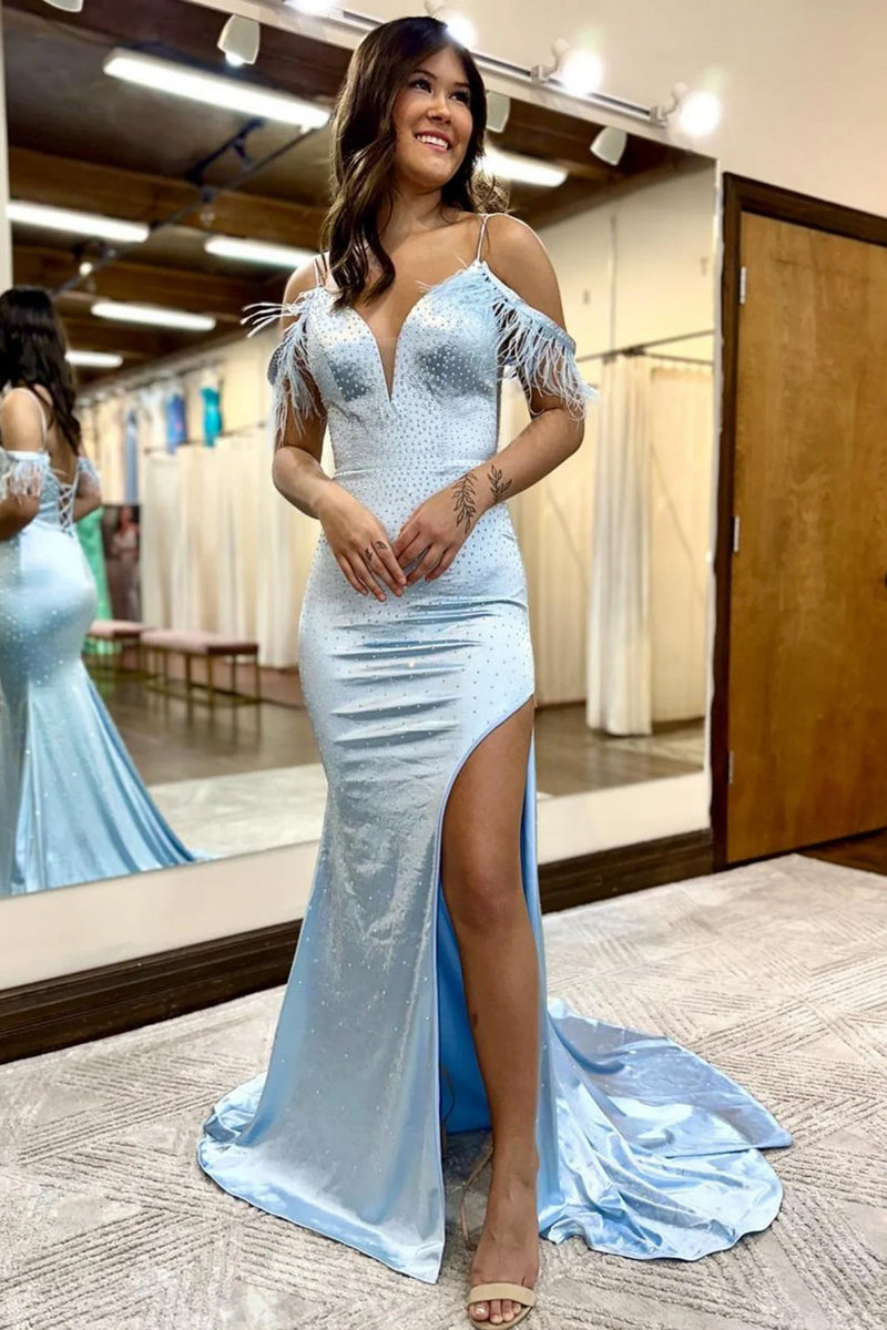 Load image into Gallery viewer, Sparkly Light Blue Sequins Mermaid Long Formal Dress with Feathers