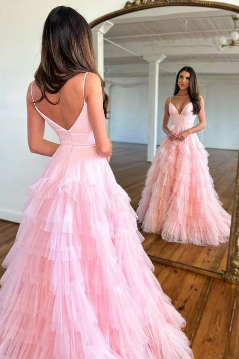 Load image into Gallery viewer, Light Pink Tulle Tiered A-Line Long Formal Dress