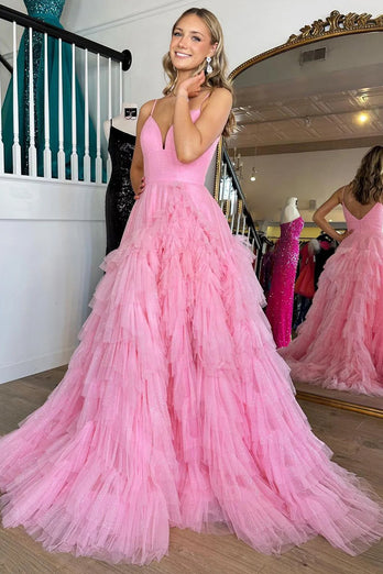 Light Pink Tulle Tiered A-Line Long Formal Dress