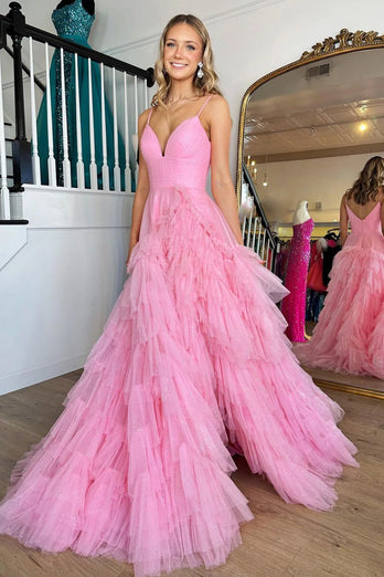 Light Pink Tulle Tiered A-Line Long Formal Dress