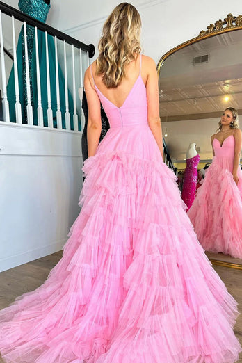 Light Pink Tulle Tiered A-Line Long Formal Dress