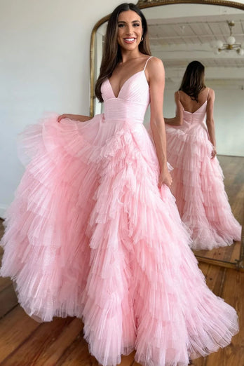 Light Pink Tulle Tiered A-Line Long Formal Dress