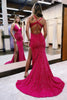 Load image into Gallery viewer, Fuchsia Sparkly Sequins Mermaid Open Back Long Formal Dress with Slit