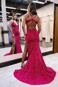 Fuchsia Sparkly Sequins Mermaid Open Back Long Formal Dress with Slit