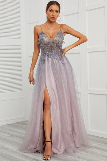 Spaghetti Straps Appliques Long Formal Dress with Split Front