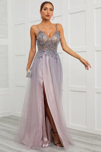 Spaghetti Straps Appliques Long Formal Dress with Split Front