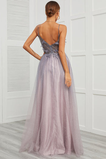 Spaghetti Straps Appliques Long Formal Dress with Split Front