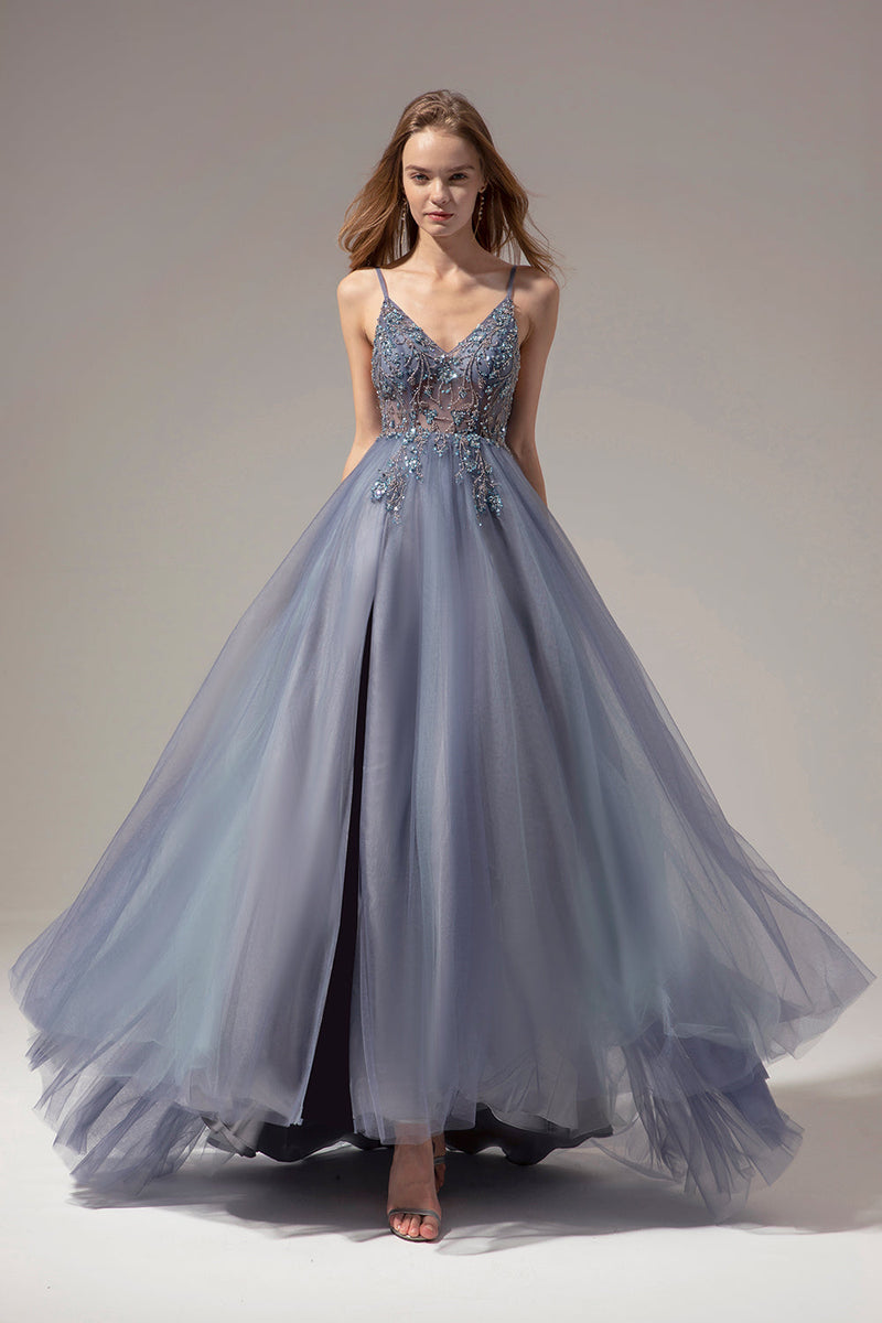 Load image into Gallery viewer, Tulle Spaghetti Straps Grey Blue Long Formal Dress with Slit