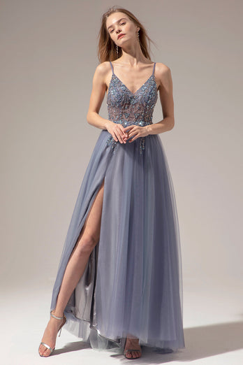 Tulle Spaghetti Straps Grey Blue Long Formal Dress with Slit