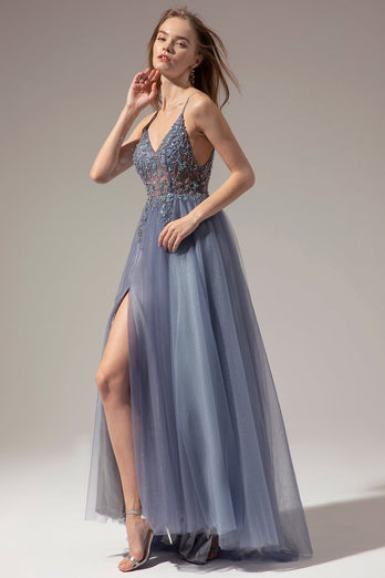 Tulle Spaghetti Straps Grey Blue Long Formal Dress with Slit