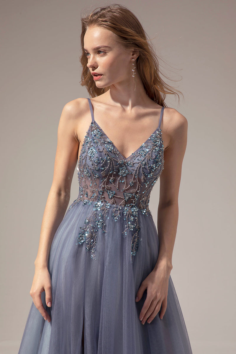 Load image into Gallery viewer, Tulle Spaghetti Straps Grey Blue Long Formal Dress with Slit