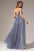 Load image into Gallery viewer, Tulle Spaghetti Straps Grey Blue Long Formal Dress with Slit