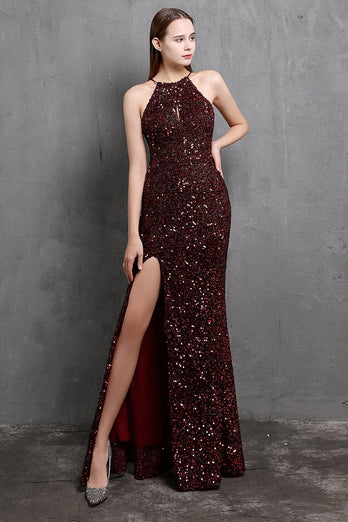 Burgundy Sequin Long Formal Dress with Slit