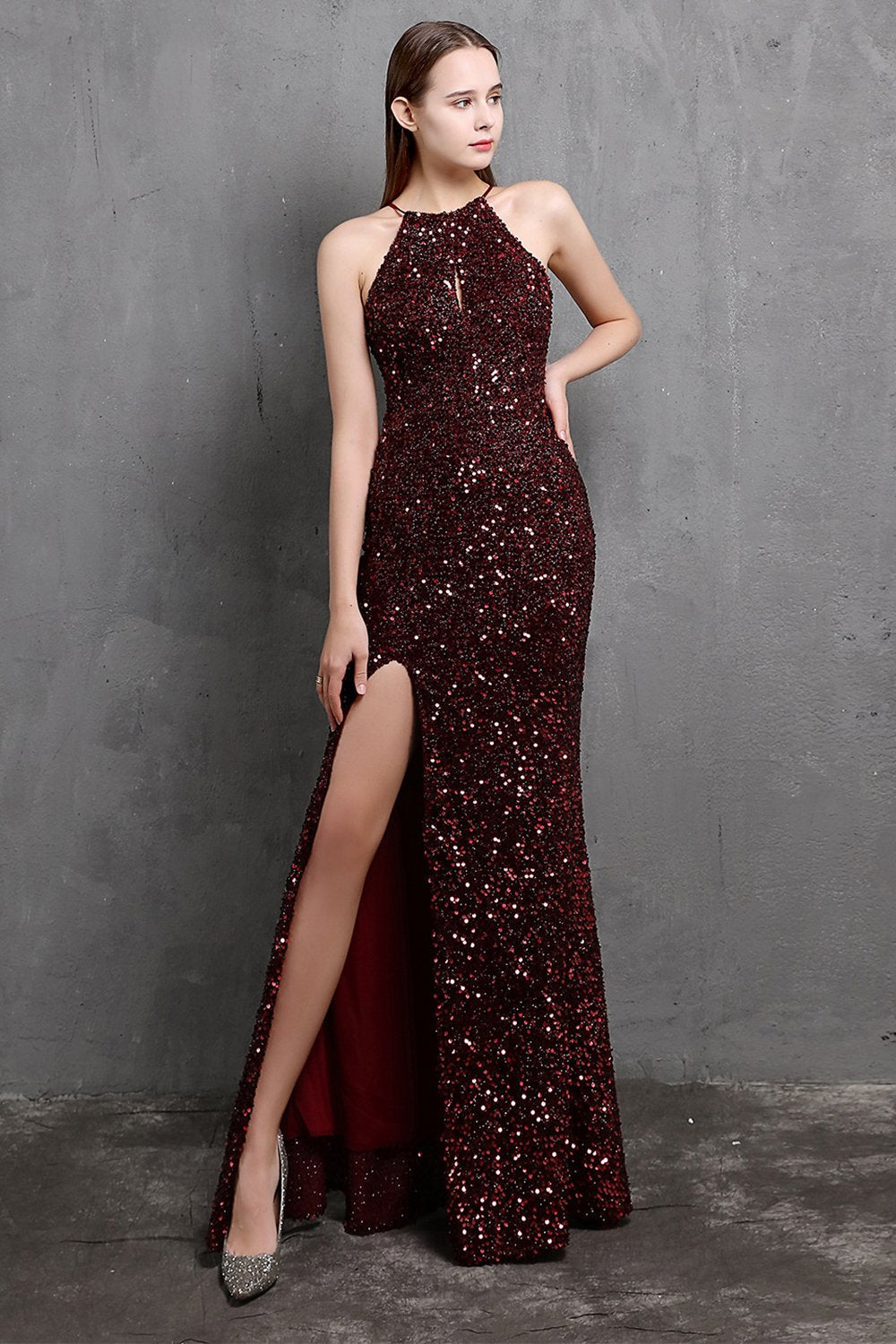 Burgundy Sequin Long Formal Dress with Slit