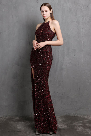 Burgundy Sequin Long Formal Dress with Slit