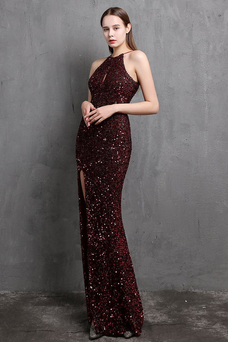 Load image into Gallery viewer, Burgundy Sequin Long Formal Dress with Slit