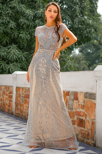 Mermaid Beaded Silver Long Formal Dress