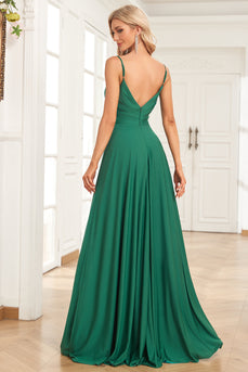 Spaghetti Straps Dark Green Long Formal Dress with Slit