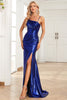 Load image into Gallery viewer, Mermaid Spaghetti Straps Navy Long Formal Dress with Slit